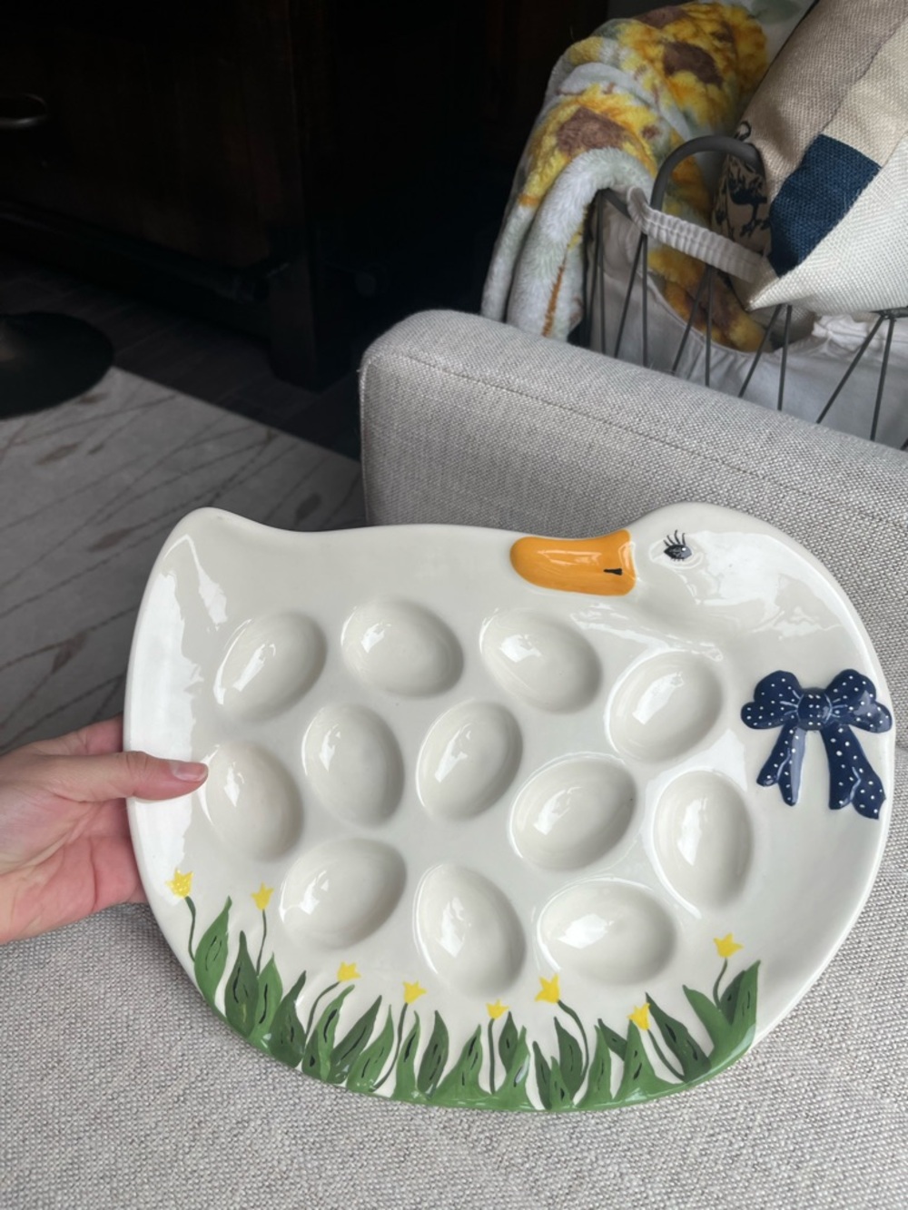 Ceramic Duck Egg Tray with Yellow Beak and Blue Bow